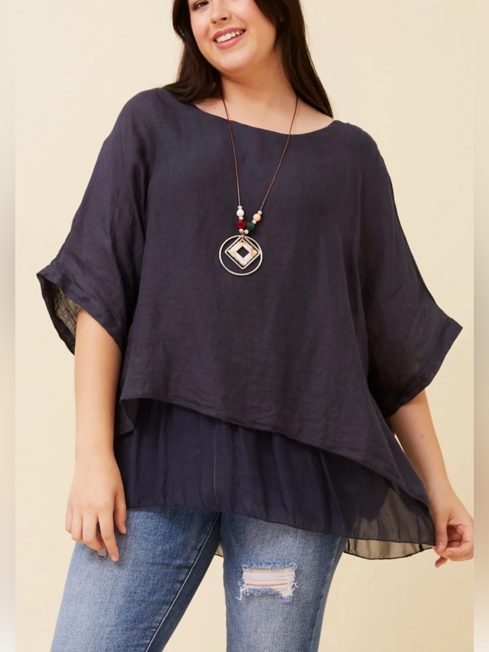 Tina Stephens Italy Navy Double Layered Linen Top Sz L Lagenlook